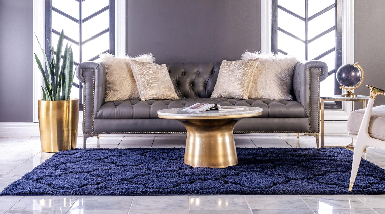 Navy Blue 4' x 6' Trellis Shag Rectangle Area Rug Thick Soft Touch Fluffy & Plush Shaggy Pile