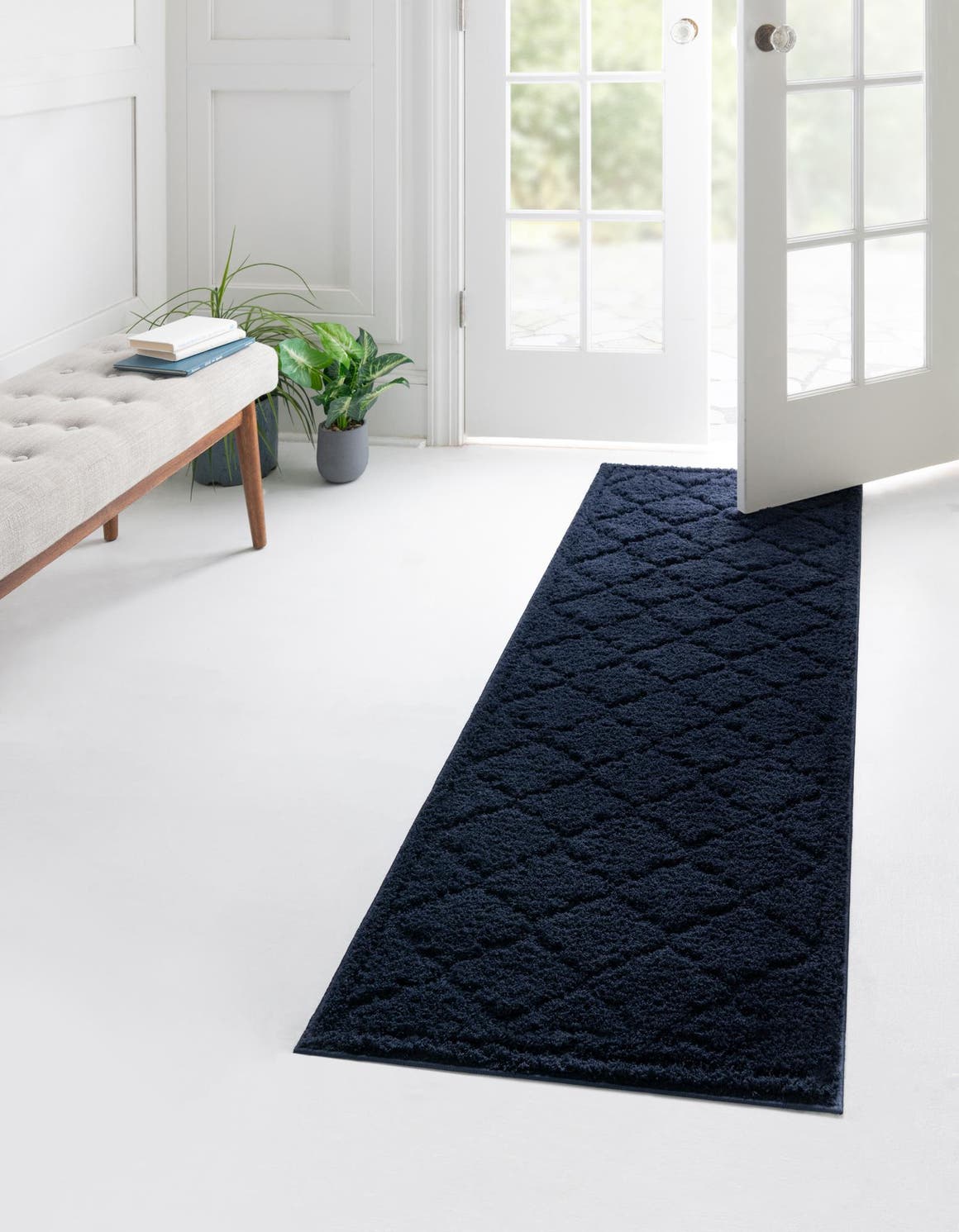 Navy Blue 2' x 6' 9 Trellis Shag Runner Area Rug Thick Soft Touch Fluffy & Plush Shaggy Pile Geometric Modern Unique Carpet for Home Interior Design for Sale at Rug Engine