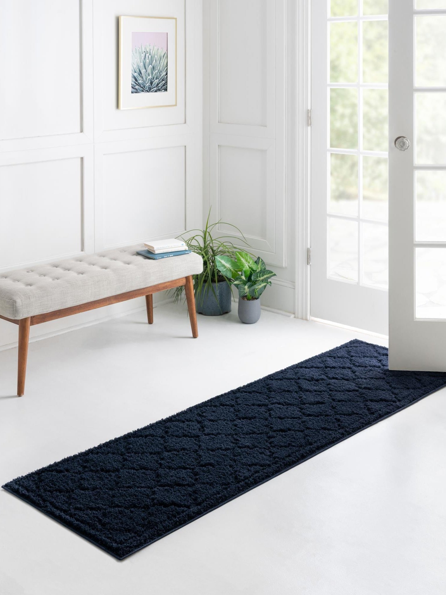 Navy Blue 2' 7 x 10' Trellis Shag Runner Area Rug Thick Soft Touch Fluffy & Plush Shaggy Pile Geometric Modern Unique Carpet for Home Interior Design for Sale at Rug Engine