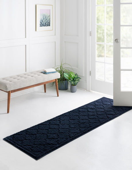 Navy Blue 2' 7 x 10' Trellis Shag Runner Area Rug Thick Soft Touch Fluffy & Plush Shaggy Pile