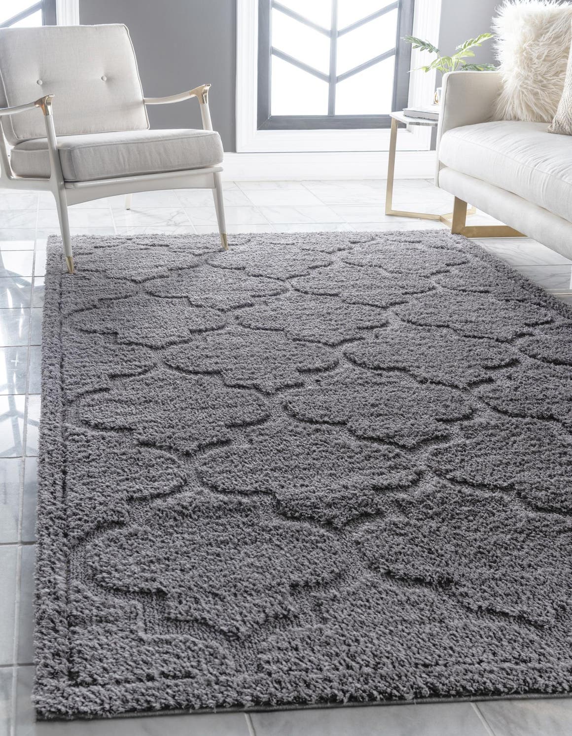 Dark Gray 8' x 10' Trellis Shag Rectangle Area Rug Thick Soft Touch Fluffy & Plush Shaggy Pile Geometric Modern Unique Carpet for Home Interior Design for Sale at Rug Engine