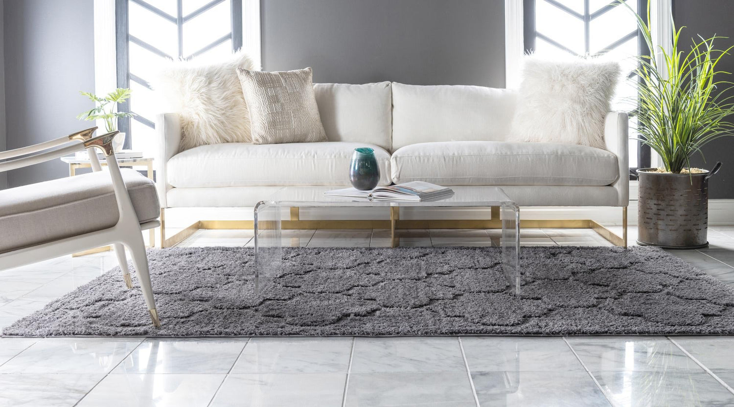 Dark Gray 5' 1 x 8' Trellis Shag Rectangle Area Rug Thick Soft Touch Fluffy & Plush Shaggy Pile Geometric Modern Unique Carpet for Home Interior Design for Sale at Rug Engine