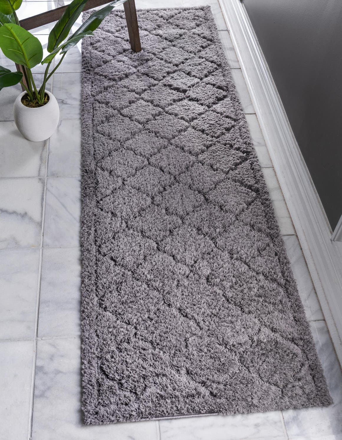 Dark Gray 2' x 6' 9 Trellis Shag Runner Area Rug Thick Soft Touch Fluffy & Plush Shaggy Pile Geometric Modern Unique Carpet for Home Interior Design for Sale at Rug Engine
