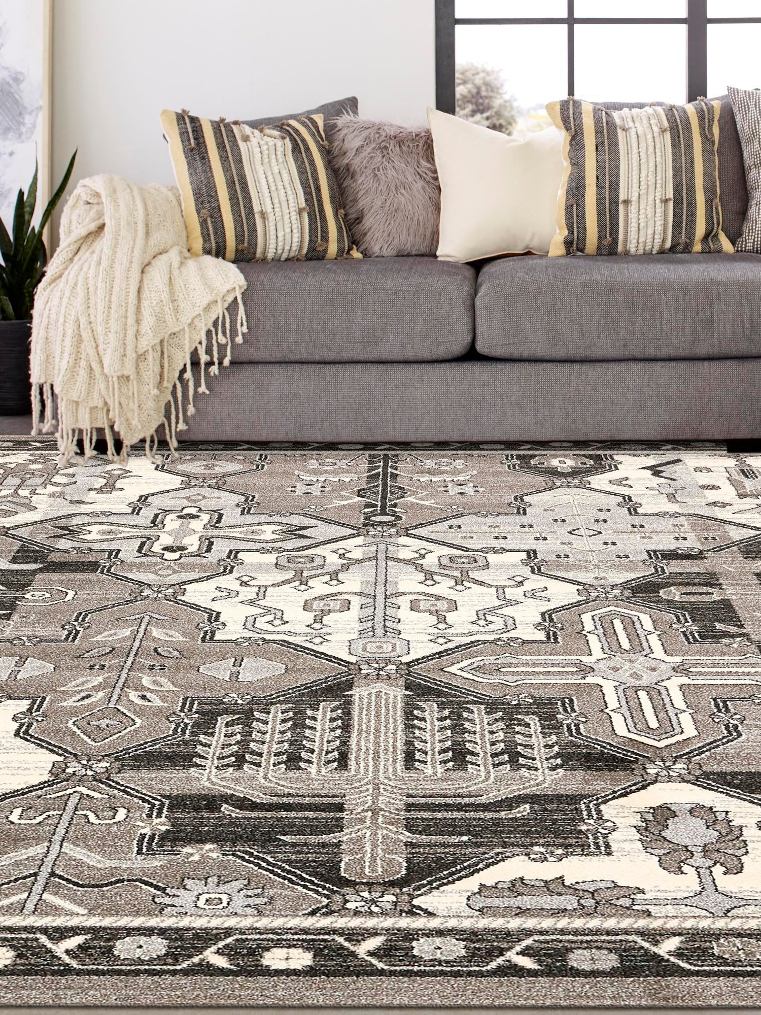 Gray 7' 10 x 7' 10 La Jolla Square Area Rug 100% Polypropylene Traditional Pattern Easy Clean Carpet for Living, Dining, Bedroom, Office for Sale at Rug Engine