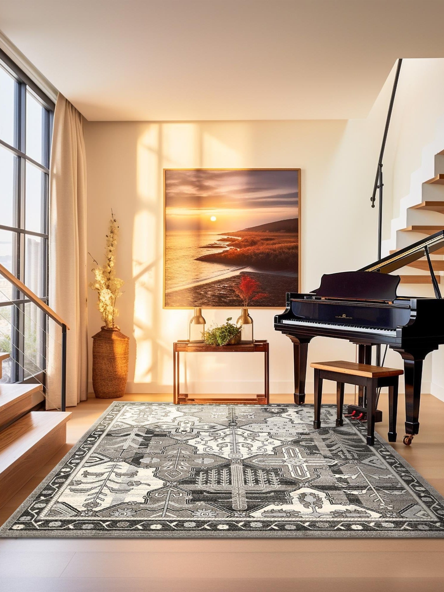 Gray 7' 10 x 7' 10 La Jolla Square Area Rug 100% Polypropylene Traditional Pattern Easy Clean Carpet for Living, Dining, Bedroom, Office for Sale at Rug Engine