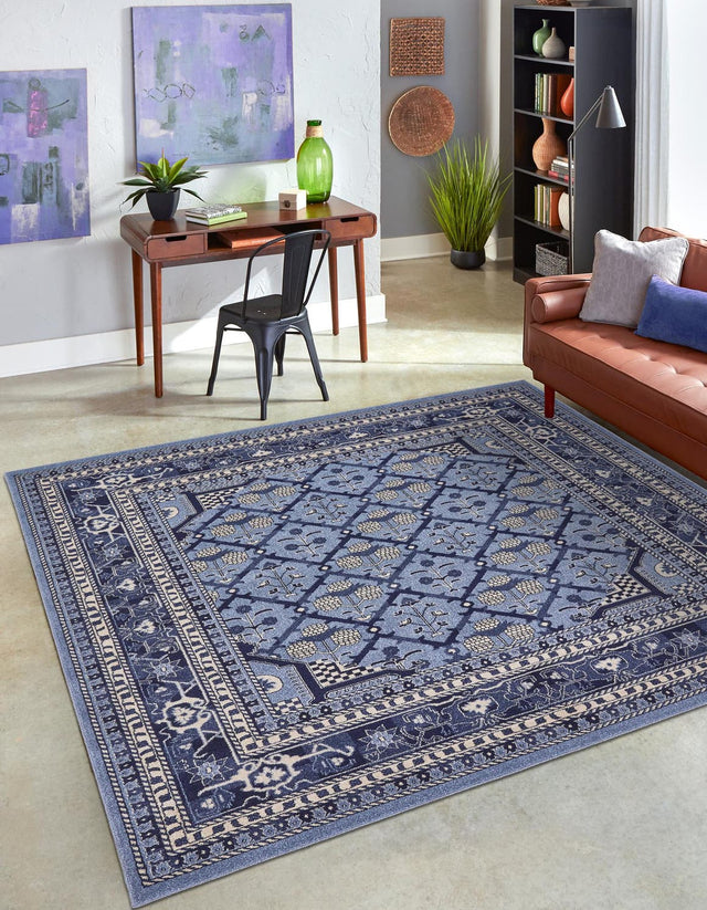 Blue 6' 1 x 6' 1 La Jolla Square Area Rug 100% Polypropylene Traditional Pattern Easy Clean Carpet for Living, Dining, Bedroom, Office for Sale at Rug Engine