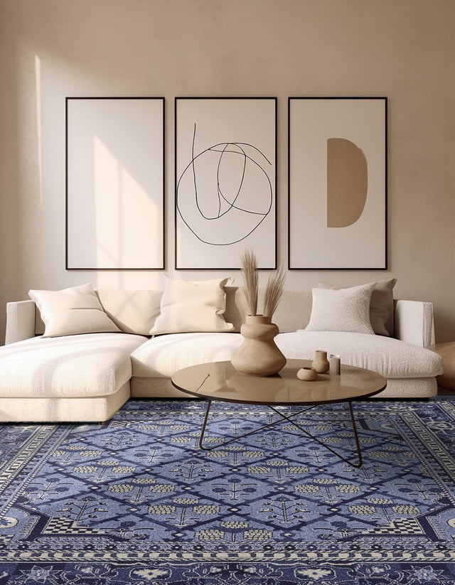 Blue 6' 1 x 6' 1 La Jolla Square Area Rug 100% Polypropylene Traditional Pattern Easy Clean Carpet for Living, Dining, Bedroom, Office for Sale at Rug Engine