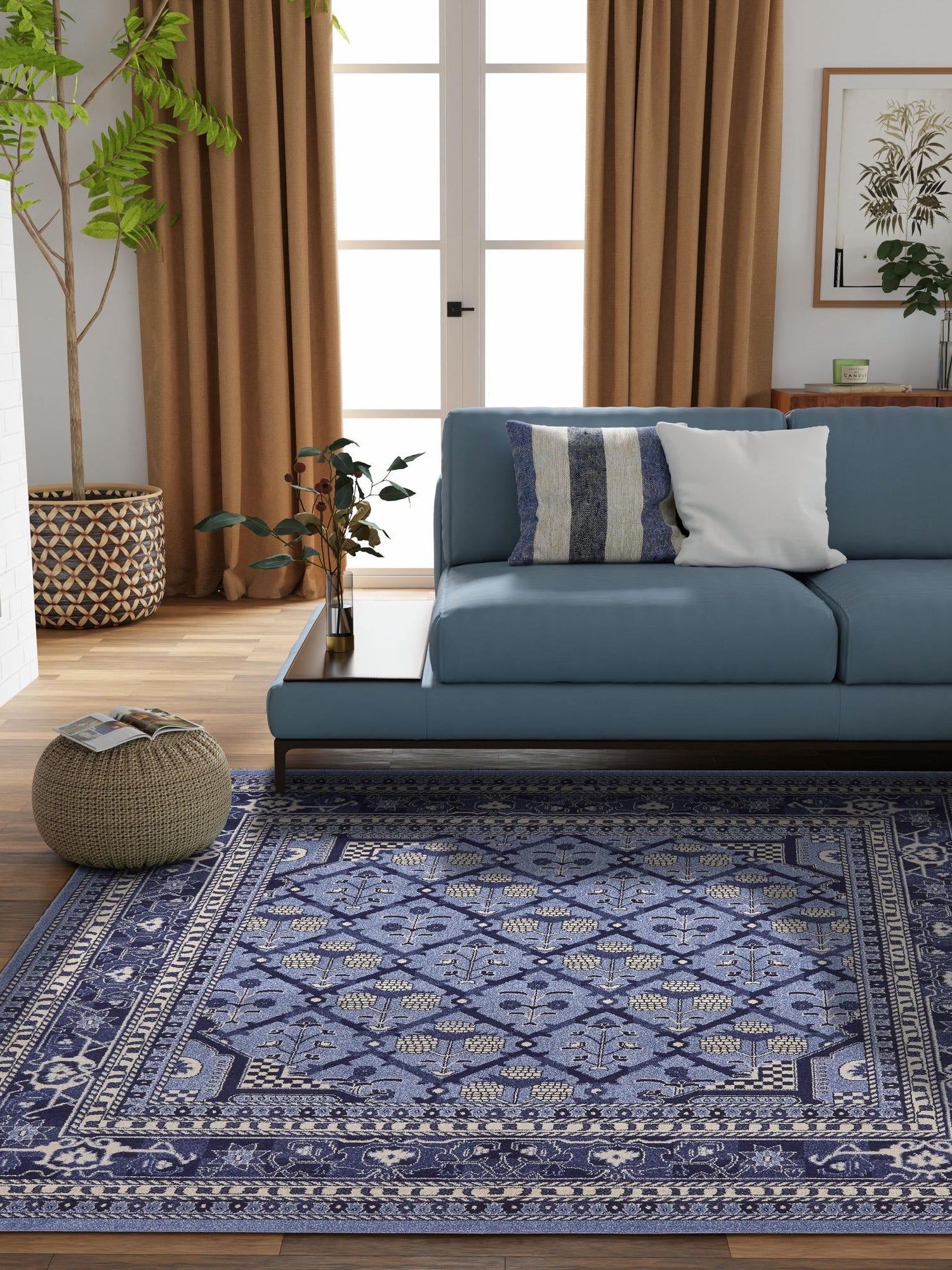Blue 7' 10 x 7' 10 La Jolla Square Area Rug 100% Polypropylene Traditional Pattern Easy Clean Carpet for Living, Dining, Bedroom, Office for Sale at Rug Engine