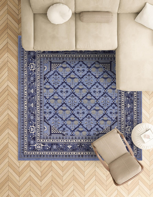 Blue 7' 10 x 7' 10 La Jolla Square Area Rug 100% Polypropylene Traditional Pattern Easy Clean Carpet for Living, Dining, Bedroom, Office for Sale at Rug Engine