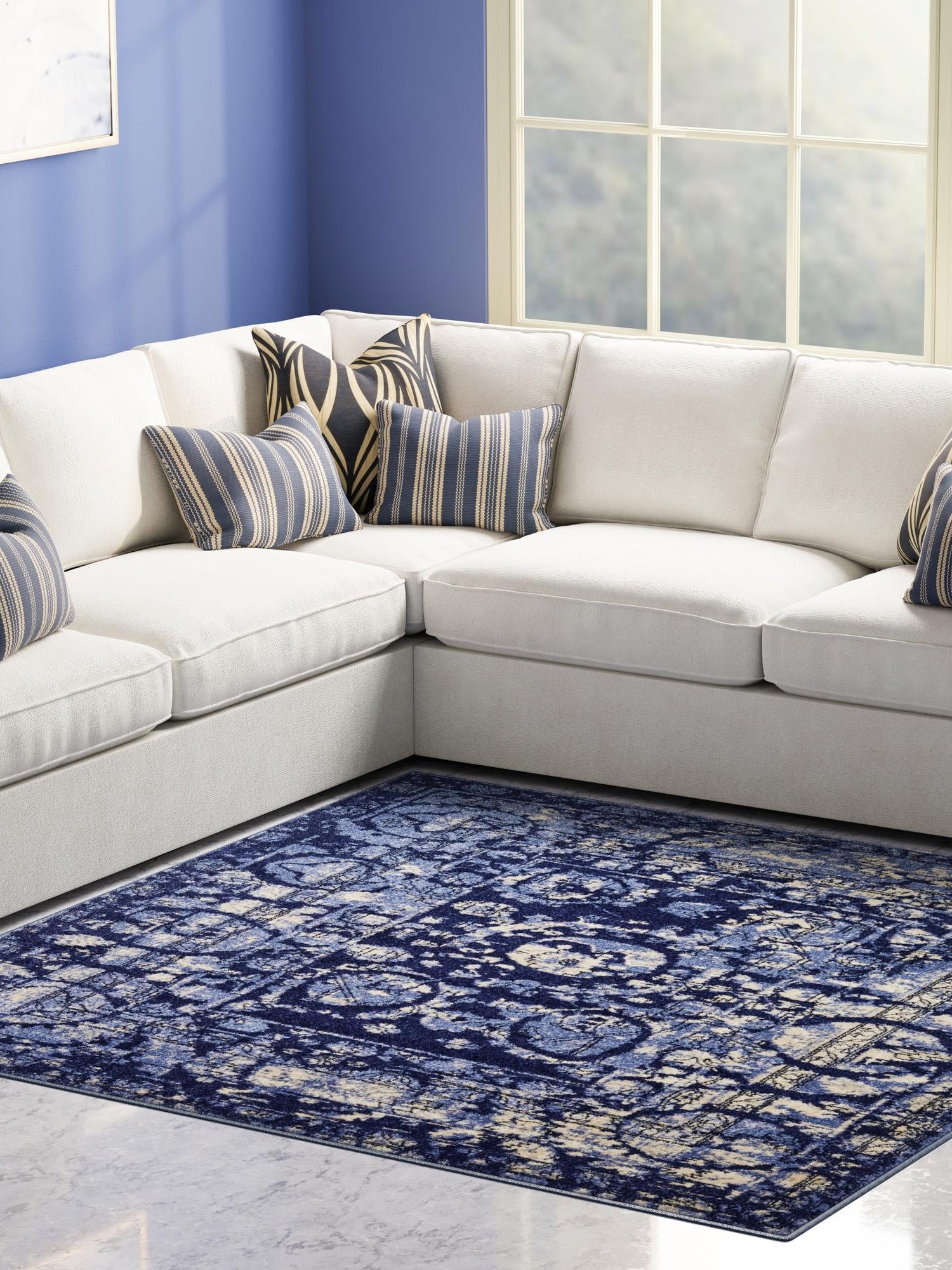 Blue 7' 10 x 7' 10 La Jolla Square Area Rug 100% Polypropylene Traditional Pattern Easy Clean Carpet for Living, Dining, Bedroom, Office for Sale at Rug Engine