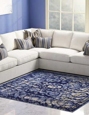 Blue 7' 10 x 7' 10 La Jolla Square Area Rug 100% Polypropylene Traditional Pattern Easy Clean Carpet for Living, Dining, Bedroom, Office for Sale at Rug Engine