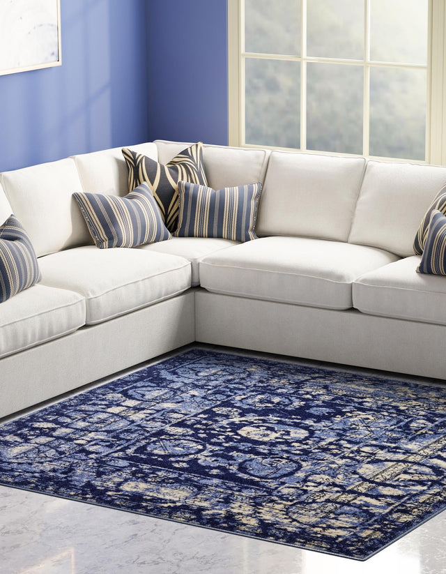 Blue 7' 10 x 7' 10 La Jolla Square Area Rug 100% Polypropylene Traditional Pattern Easy Clean Carpet for Living, Dining, Bedroom, Office for Sale at Rug Engine