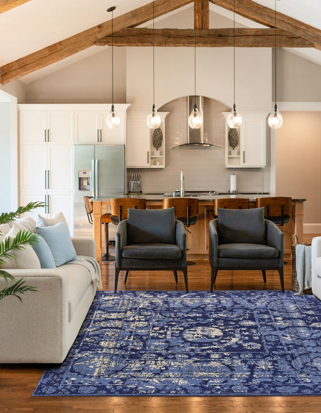 Blue 7' 10 x 7' 10 La Jolla Square Area Rug 100% Polypropylene Traditional Pattern Easy Clean Carpet for Living, Dining, Bedroom, Office for Sale at Rug Engine