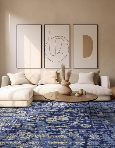 Blue 7' 10 x 7' 10 La Jolla Square Area Rug 100% Polypropylene Traditional Pattern Easy Clean Carpet for Living, Dining, Bedroom, Office for Sale at Rug Engine