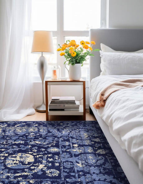 Blue 7' 10 x 7' 10 La Jolla Square Area Rug 100% Polypropylene Traditional Pattern Easy Clean Carpet for Living, Dining, Bedroom, Office for Sale at Rug Engine