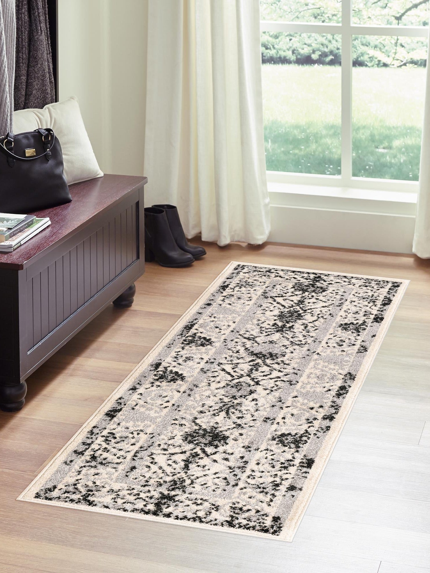 Ivory and Gray 2' 7 x 10' La Jolla Runner Area Rug 100% Polypropylene Traditional Pattern Easy Clean Carpet for Living, Dining, Bedroom, Office for Sale at Rug Engine