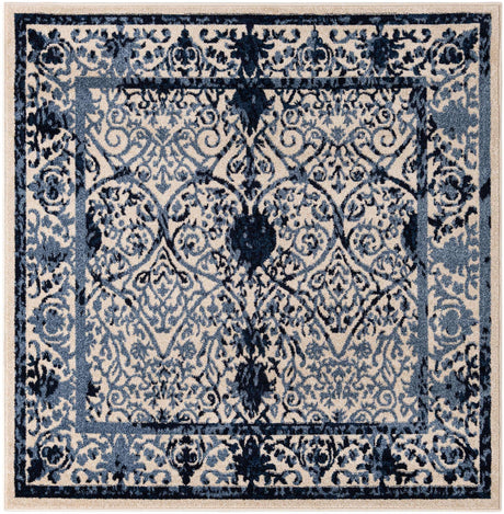 Ivory and Blue 6' 1 x 6' 1 La Jolla Square Area Rug 100% Polypropylene Traditional Pattern Easy Clean Carpet for Living, Dining, Bedroom, Office for Sale at Rug Engine