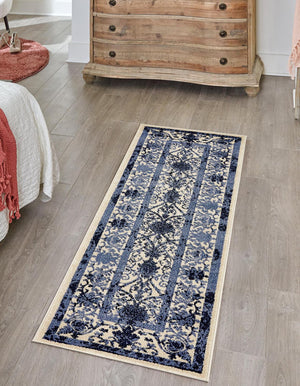 Ivory and Blue 2' x 6' 1 La Jolla Runner Area Rug 100% Polypropylene Traditional Pattern Easy Clean Carpet for Living, Dining, Bedroom, Office for Sale at Rug Engine