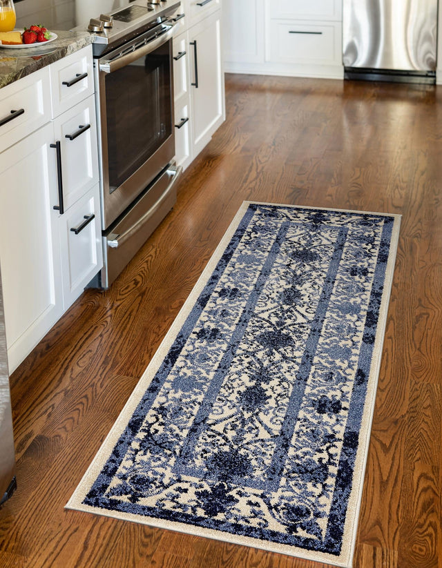 Ivory and Blue 2' x 6' 1 La Jolla Runner Area Rug 100% Polypropylene Traditional Pattern Easy Clean Carpet for Living, Dining, Bedroom, Office for Sale at Rug Engine