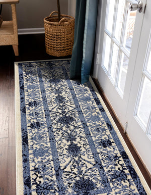 Ivory and Blue 2' x 6' 1 La Jolla Runner Area Rug 100% Polypropylene Traditional Pattern Easy Clean Carpet for Living, Dining, Bedroom, Office for Sale at Rug Engine