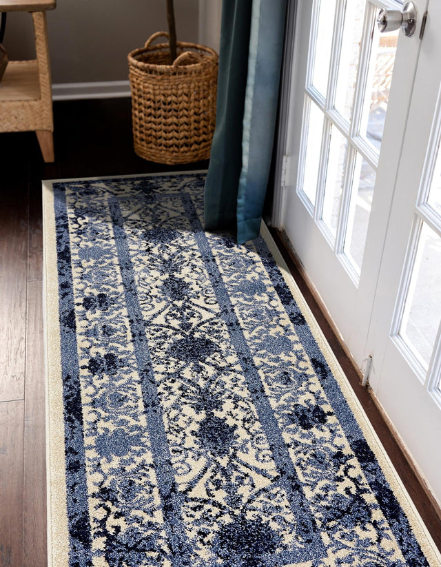 Ivory and Blue 2' x 6' 1 La Jolla Runner Area Rug 100% Polypropylene Traditional Pattern Easy Clean Carpet for Living, Dining, Bedroom, Office for Sale at Rug Engine
