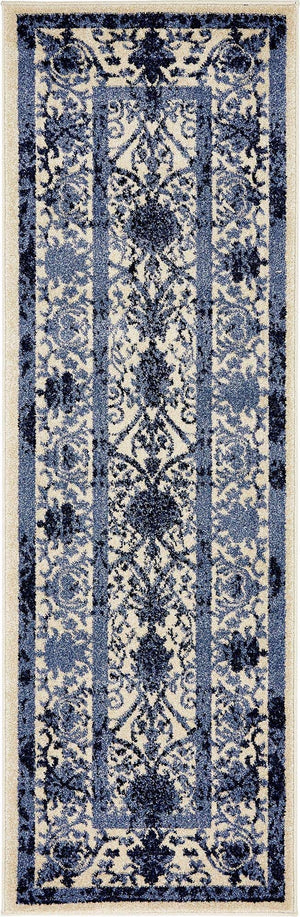 Ivory and Blue 2' x 6' 1 La Jolla Runner Area Rug 100% Polypropylene Traditional Pattern Easy Clean Carpet for Living, Dining, Bedroom, Office for Sale at Rug Engine