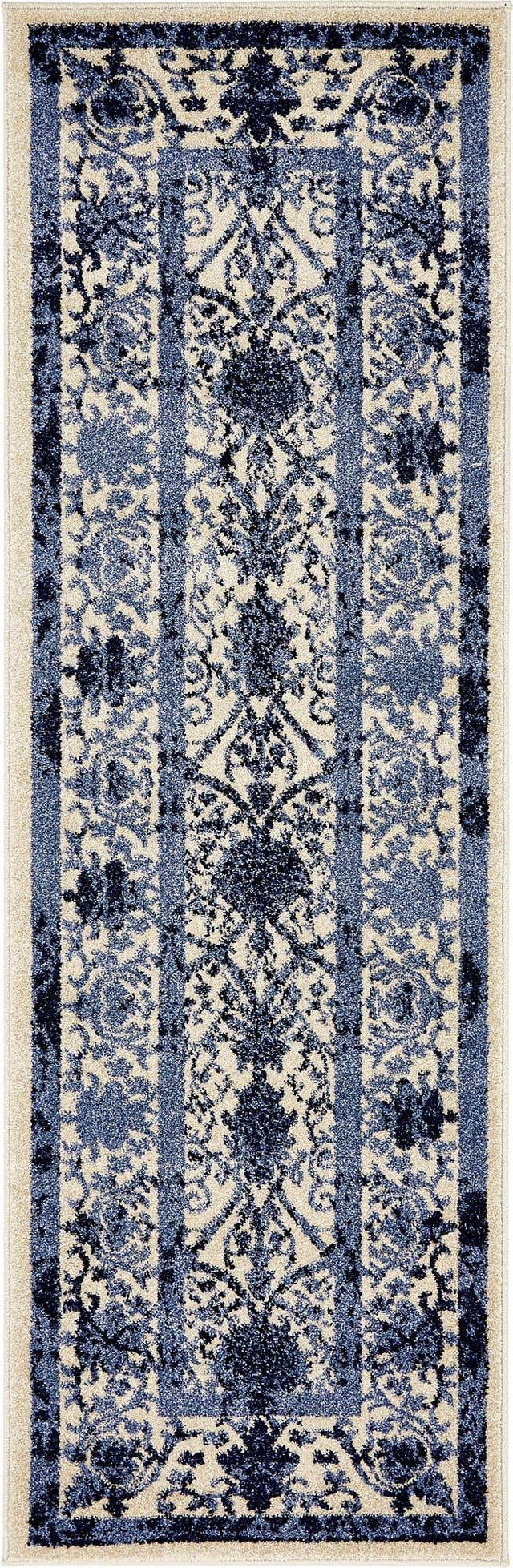 Ivory and Blue 2' x 6' 1 La Jolla Runner Area Rug 100% Polypropylene Traditional Pattern Easy Clean Carpet for Living, Dining, Bedroom, Office for Sale at Rug Engine