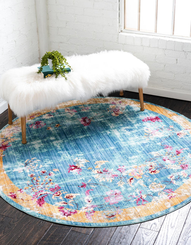 Blue 6' 1 x 6' 1 Austin Round Area Rug 100% Polyester Durable Cotton Backing Living Dining Room Bedroom Office Vintage Decor Carpet for Sale at Rug Engine