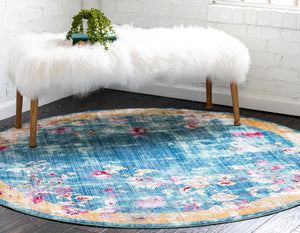 Blue 6' 1 x 6' 1 Austin Round Area Rug 100% Polyester Durable Cotton Backing Living Dining Room Bedroom Office Vintage Decor Carpet for Sale at Rug Engine