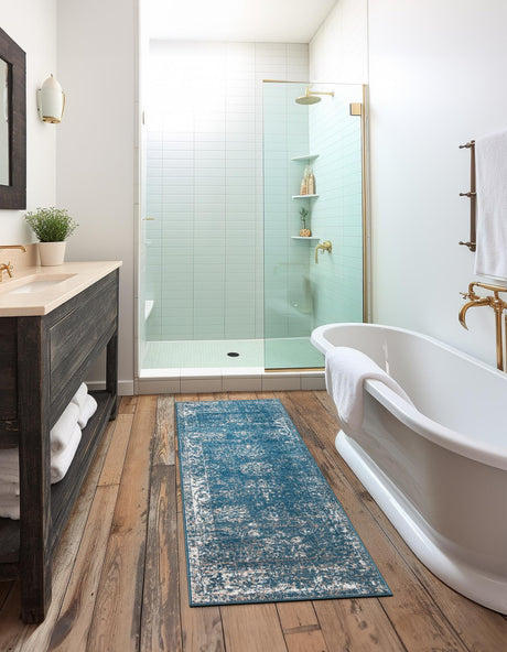 Blue 3' 3 x 19' 8 Sofia Runner Area Rug Durable Easy Clean Stain Resistant Unique Carpet for Affordable Interior Home Design for Sale at Rug Engine