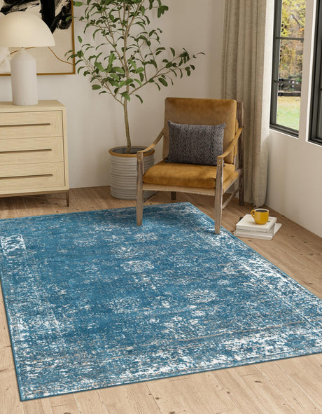 Blue 4' 1 x 6' 1 Sofia Rectangle Area Rug Durable Easy Clean Stain Resistant Unique Carpet for Affordable Interior Home Design for Sale at Rug Engine
