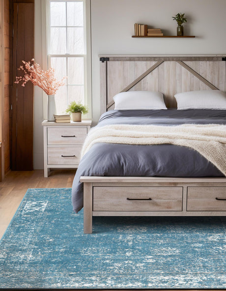 Blue 4' 1 x 6' 1 Sofia Rectangle Area Rug Durable Easy Clean Stain Resistant Unique Carpet for Affordable Interior Home Design for Sale at Rug Engine