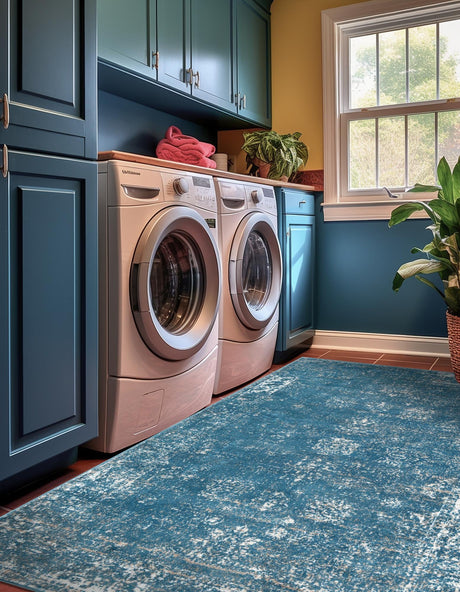 Blue 7' 10 x 11' Sofia Rectangle Area Rug Durable Easy Clean Stain Resistant Unique Carpet for Affordable Interior Home Design for Sale at Rug Engine