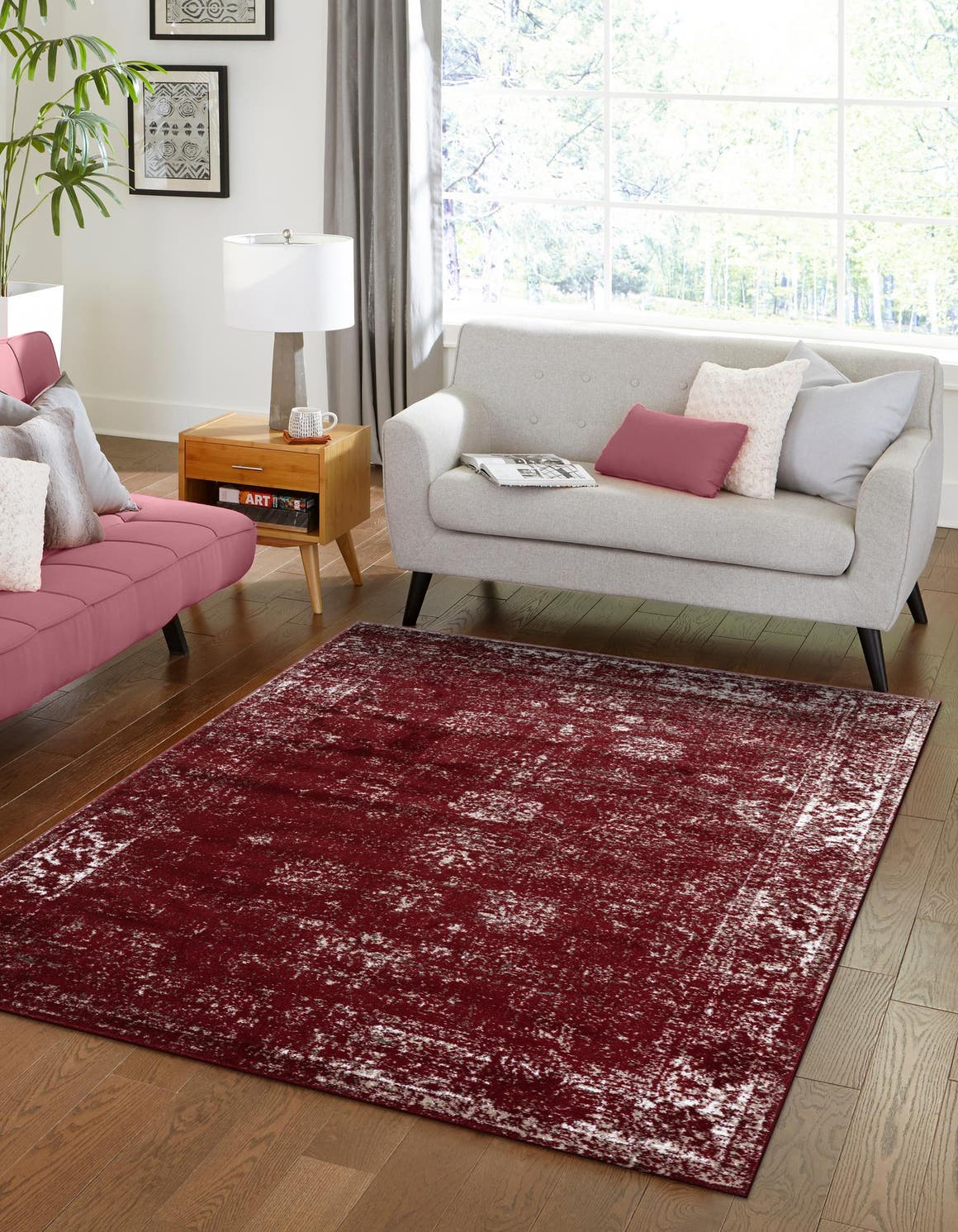 Burgundy 7' 10 x 11' Sofia Rectangle Area Rug Durable Easy Clean Stain Resistant Unique Carpet for Affordable Interior Home Design for Sale at Rug Engine