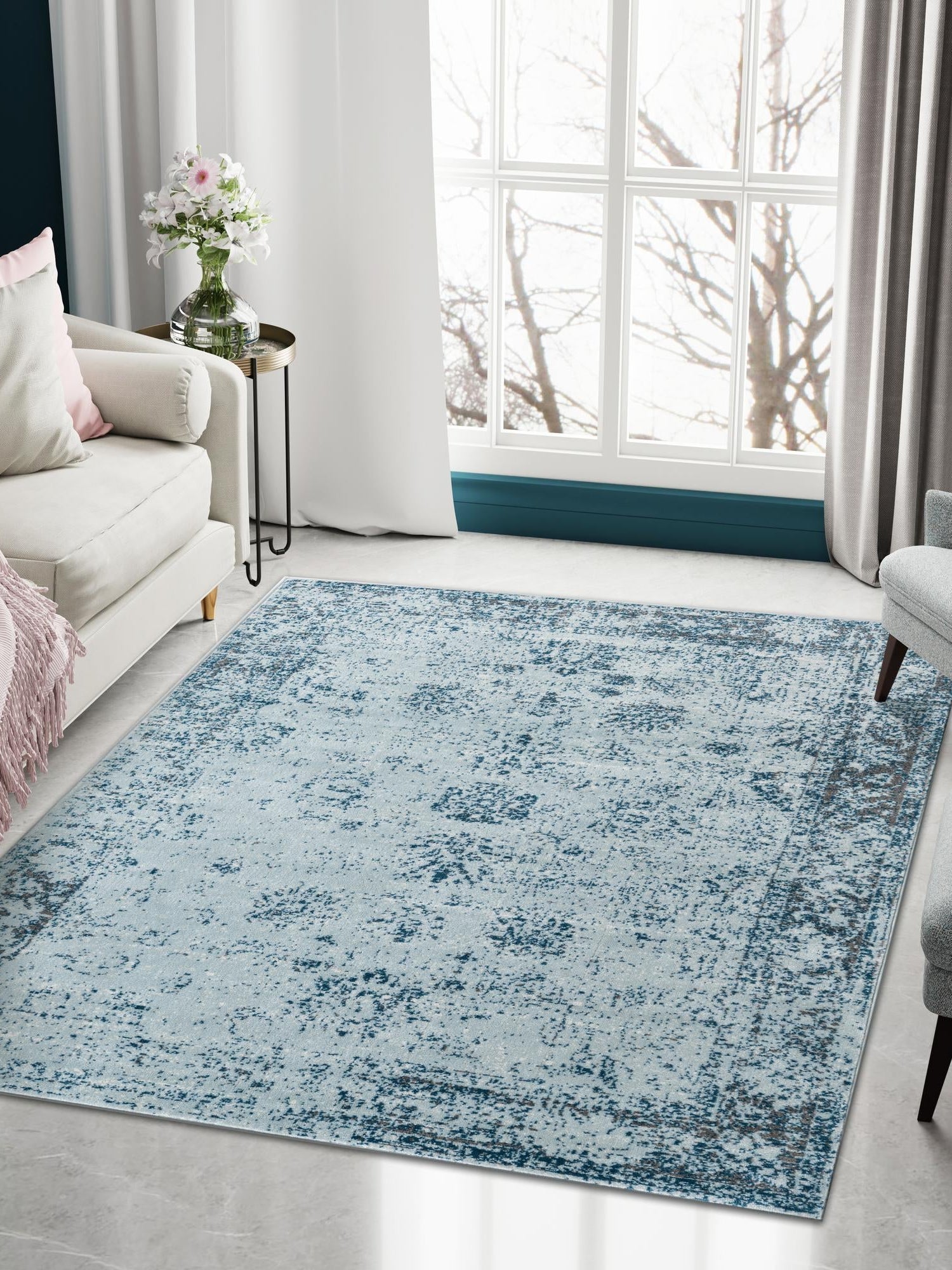 Light Blue 6' 1 x 9' Sofia Rectangle Area Rug Durable Easy Clean Stain Resistant Unique Carpet for Affordable Interior Home Design for Sale at Rug Engine