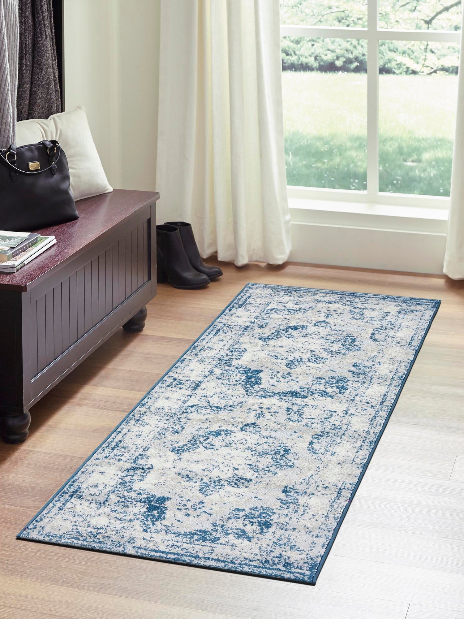 Blue 2' x 13' 1 Sofia Runner Area Rug Durable Easy Clean Stain Resistant Unique Carpet for Affordable Interior Home Design for Sale at Rug Engine