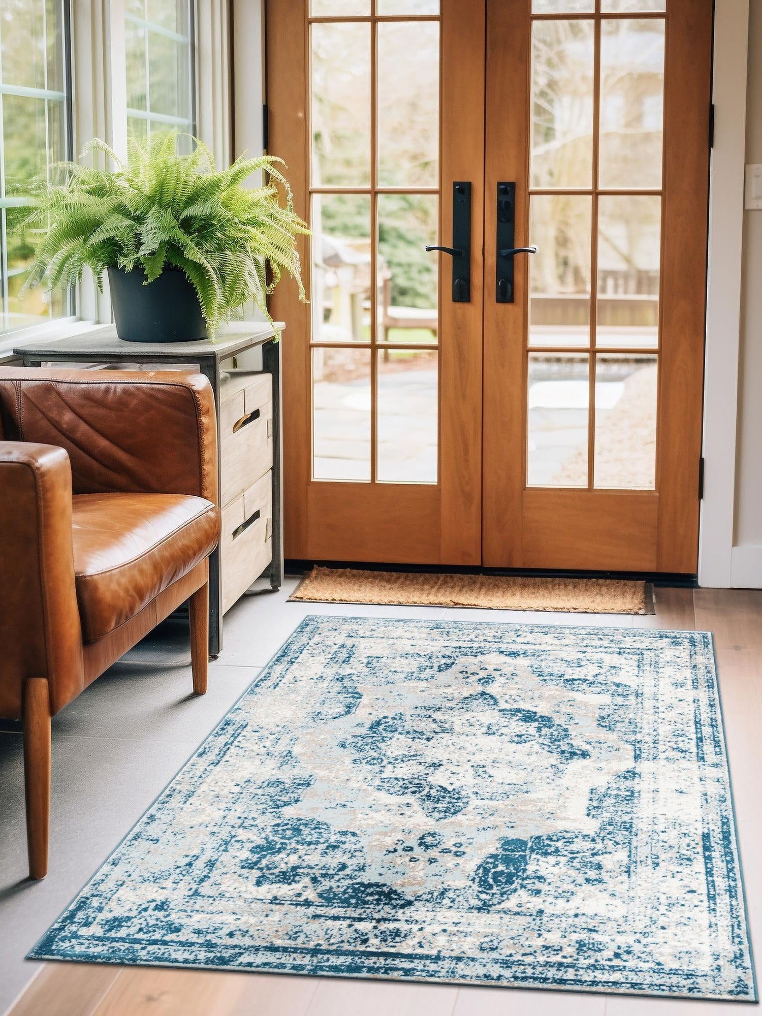 Blue 7' 10 x 10' Sofia Rectangle Area Rug Durable Easy Clean Stain Resistant Unique Carpet for Affordable Interior Home Design for Sale at Rug Engine