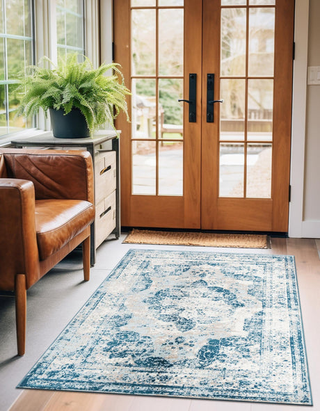 Blue 3' 1 x 5' 3 Sofia Rectangle Area Rug Durable Easy Clean Stain Resistant Unique Carpet for Affordable Interior Home Design for Sale at Rug Engine