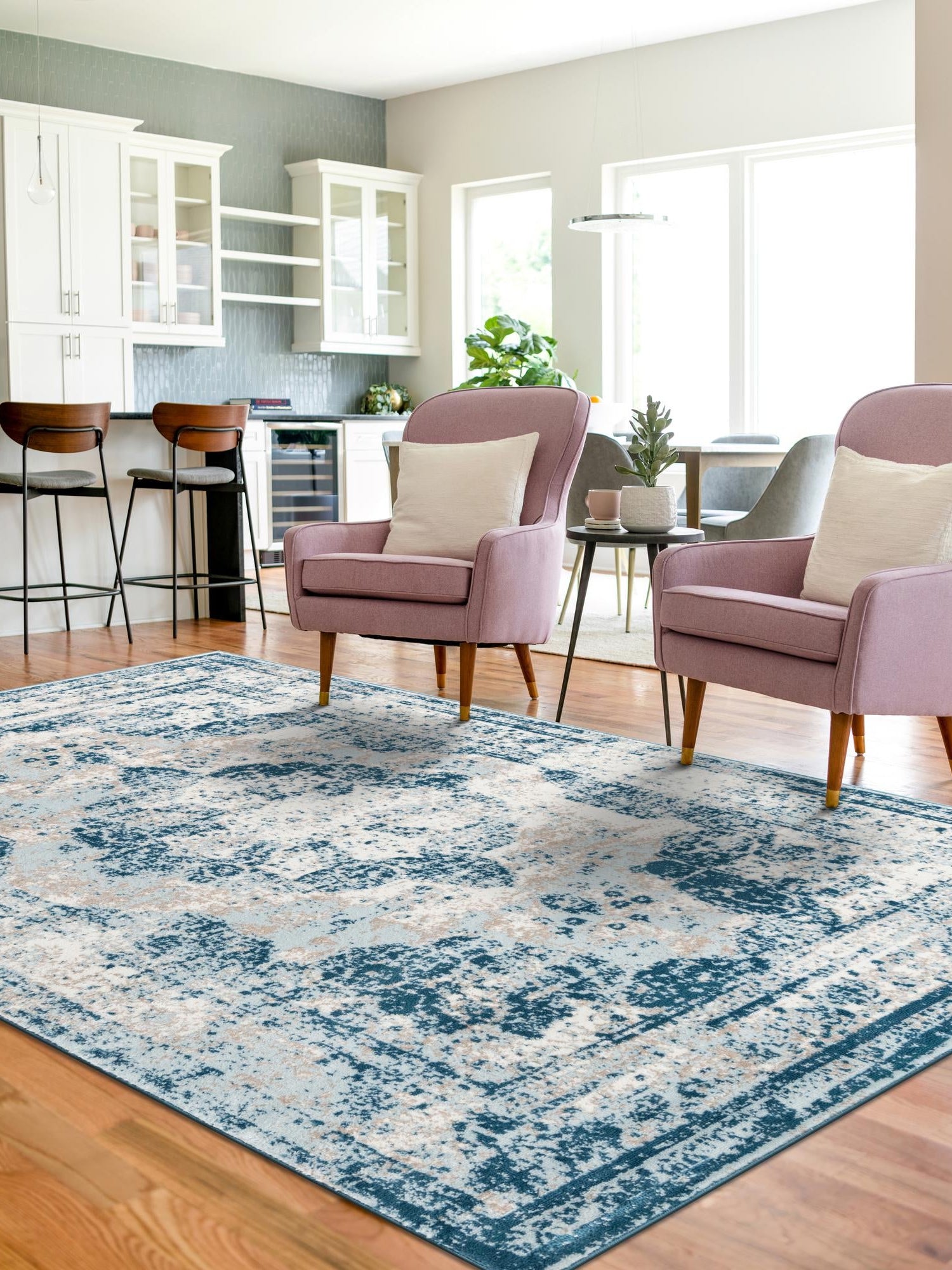 Blue 4' 1 x 6' 1 Sofia Rectangle Area Rug Durable Easy Clean Stain Resistant Unique Carpet for Affordable Interior Home Design for Sale at Rug Engine