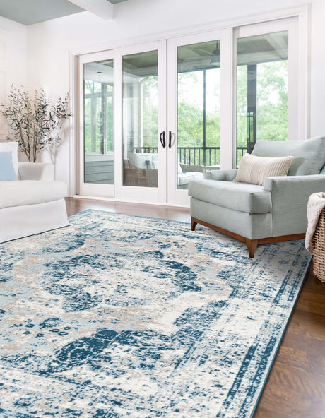 Blue 7' 1 x 10' Sofia Rectangle Area Rug Durable Easy Clean Stain Resistant Unique Carpet for Affordable Interior Home Design for Sale at Rug Engine
