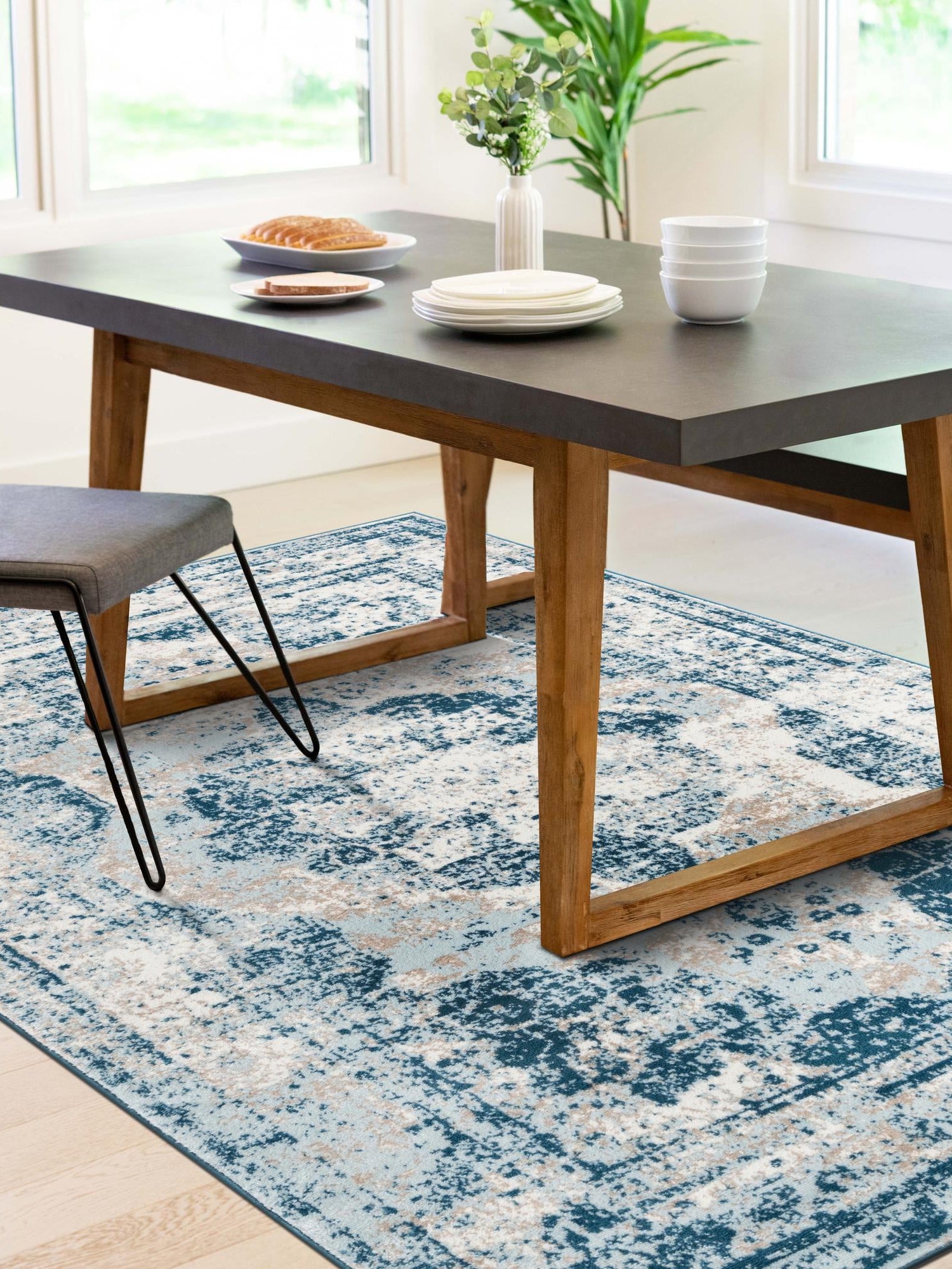 Blue 4' 1 x 6' 1 Sofia Rectangle Area Rug Durable Easy Clean Stain Resistant Unique Carpet for Affordable Interior Home Design for Sale at Rug Engine