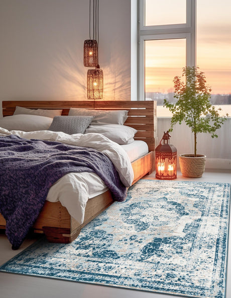 Blue 7' 10 x 10' Sofia Rectangle Area Rug Durable Easy Clean Stain Resistant Unique Carpet for Affordable Interior Home Design for Sale at Rug Engine
