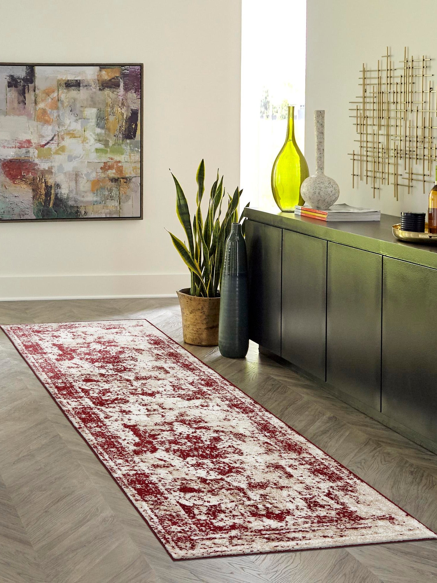 Burgundy 2' x 6' 7 Sofia Runner Area Rug Durable Easy Clean Stain Resistant Unique Carpet for Affordable Interior Home Design for Sale at Rug Engine