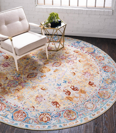 Beige 8' x 8' Austin Round Area Rug 100% Polyester Durable Cotton Backing Living Dining Room Bedroom Office Vintage Decor Carpet for Sale at Rug Engine