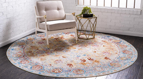 Beige 8' x 8' Austin Round Area Rug 100% Polyester Durable Cotton Backing Living Dining Room Bedroom Office Vintage Decor Carpet for Sale at Rug Engine