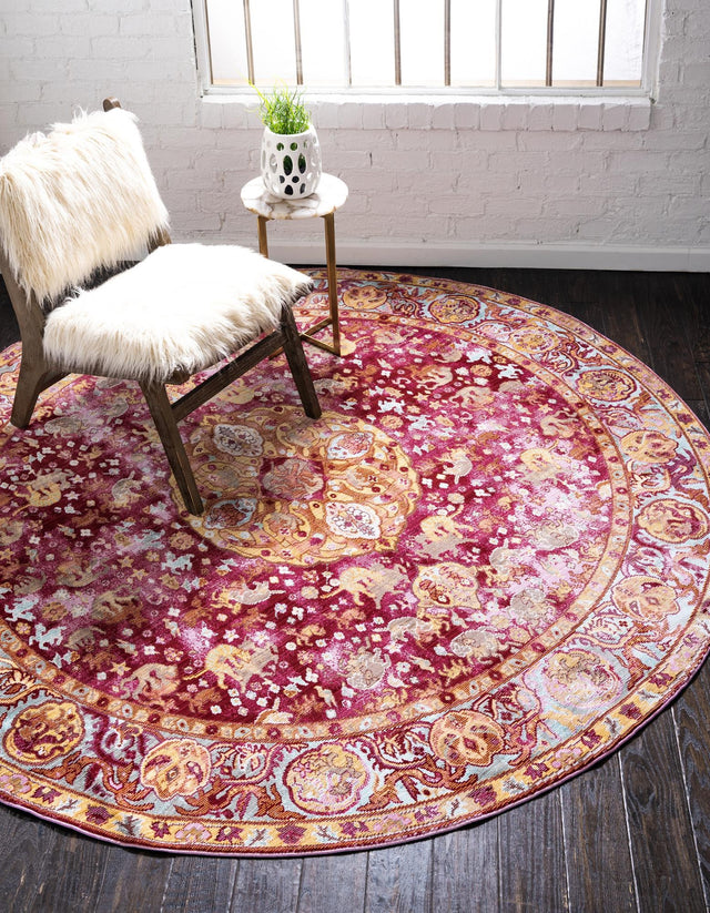 Red 8' x 8' Austin Round Area Rug 100% Polyester Durable Cotton Backing Living Dining Room Bedroom Office Vintage Decor Carpet for Sale at Rug Engine