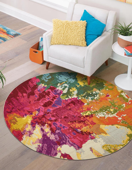 Multicolor 8' x 8' Estrella Round Area Rug 100% Polypropylene Non-Shedding Stain Resistant Carpet Colorful Modern Abstract Design Easy Clean for Home Decor for Sale at Rug Engine