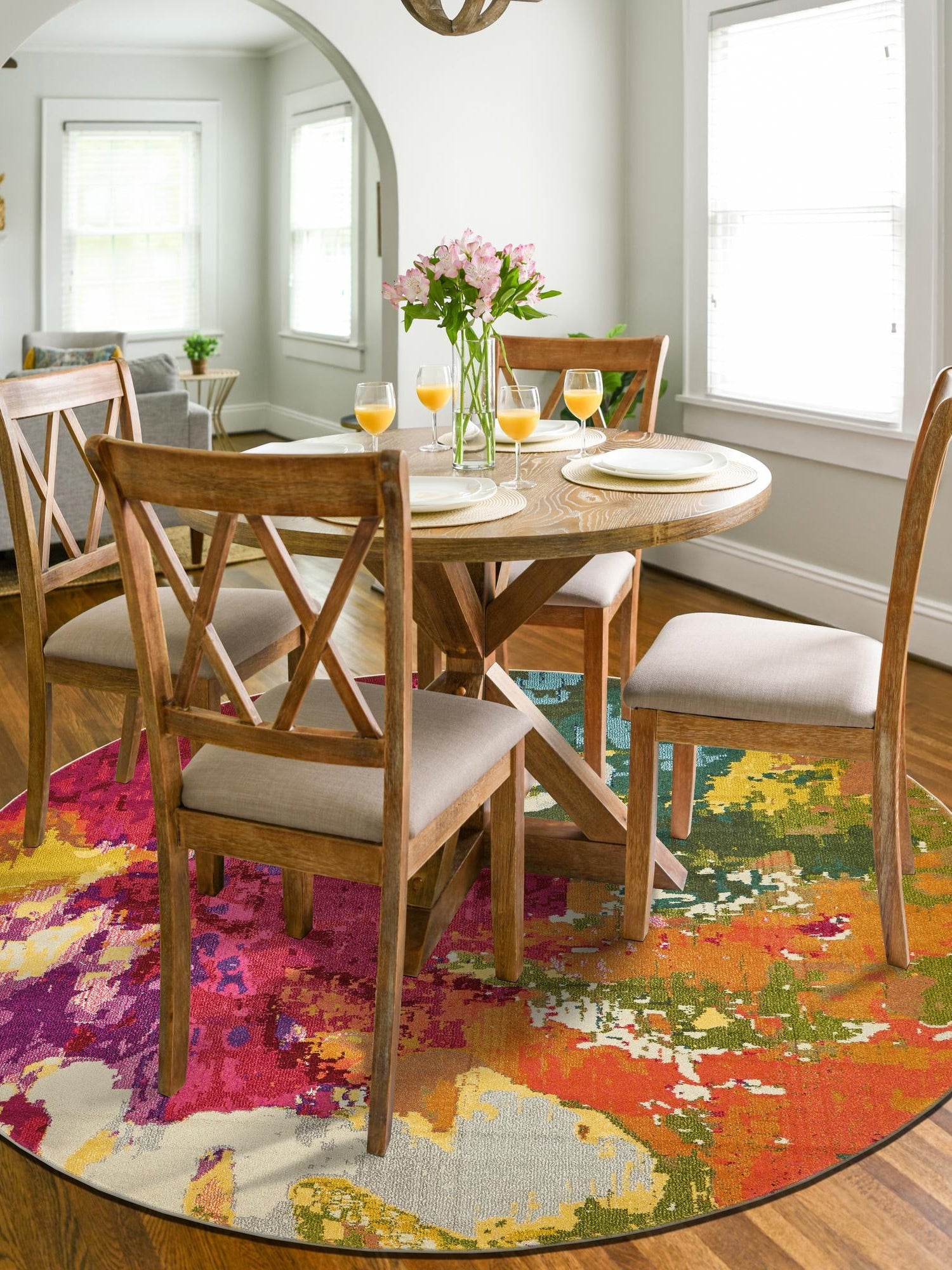 Multicolor 8' x 8' Estrella Round Area Rug 100% Polypropylene Non-Shedding Stain Resistant Carpet Colorful Modern Abstract Design Easy Clean for Home Decor for Sale at Rug Engine