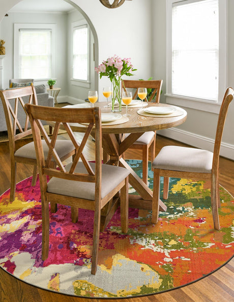 Multicolor 8' x 8' Estrella Round Area Rug 100% Polypropylene Non-Shedding Stain Resistant Carpet Colorful Modern Abstract Design Easy Clean for Home Decor for Sale at Rug Engine
