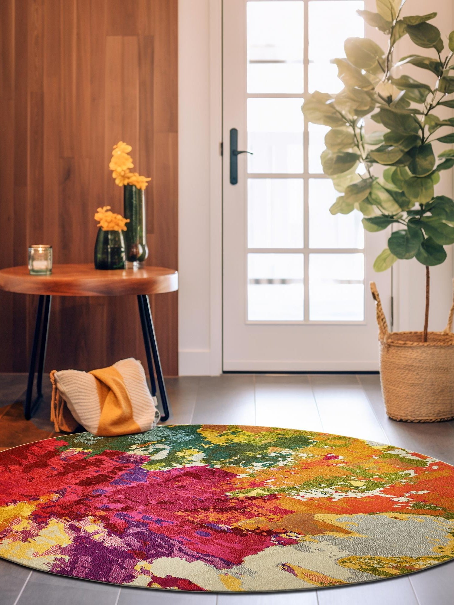 Multicolor 8' x 8' Estrella Round Area Rug 100% Polypropylene Non-Shedding Stain Resistant Carpet Colorful Modern Abstract Design Easy Clean for Home Decor for Sale at Rug Engine